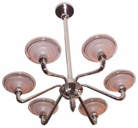 Nickel & Pink Art Deco Six Arm Chandelier