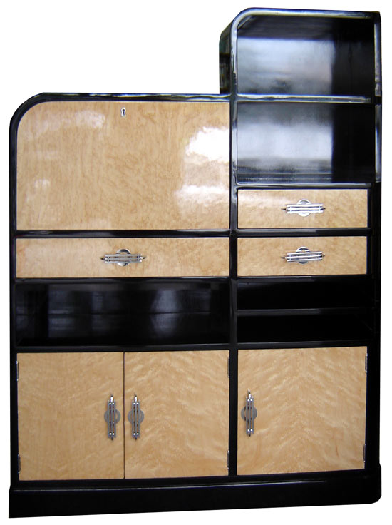 American Art Deco Black Lacquer & Birdseye Secretary Cabinet/Desk