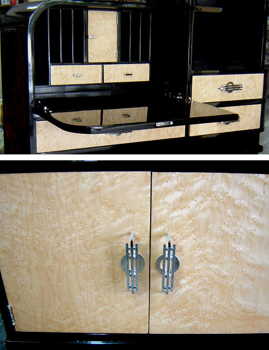 American Art Deco Black Lacquer & Birdseye Secretary Cabinet/Desk