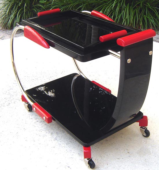 Red and Black Lacquer Streamline Tea Trolley / Bar Cart