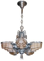 American Art Deco Five Shade Sculptural Aluminum and Pink Glass Chandelier