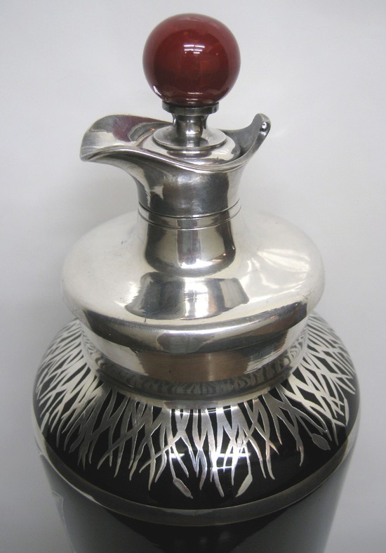 American Art Deco Black Glass and Sterling Overlay Cocktail Shaker