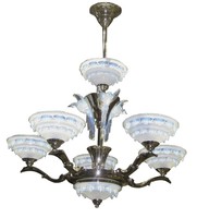 French Art Deco Opalescent Glass Chandelier BIRDS IN WINTER