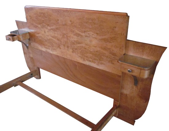 French Art Deco Carpathian Elm Burl Bed with Inegral Night Stands