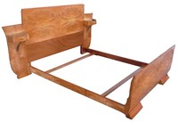 French Art Deco Carpathian Elm Burl Bed with Inegral Night Stands