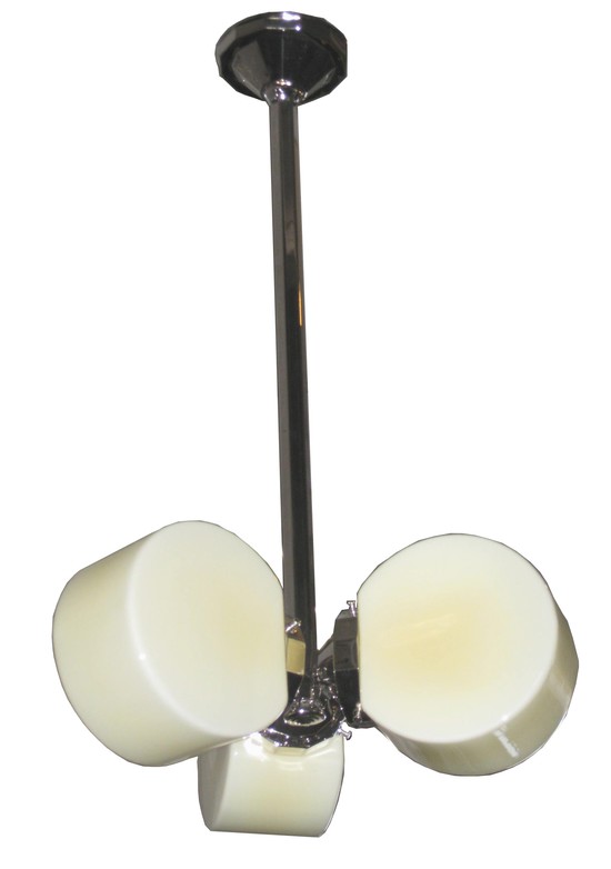 French Art Deco Nickel & Yellow Glass Chandelier