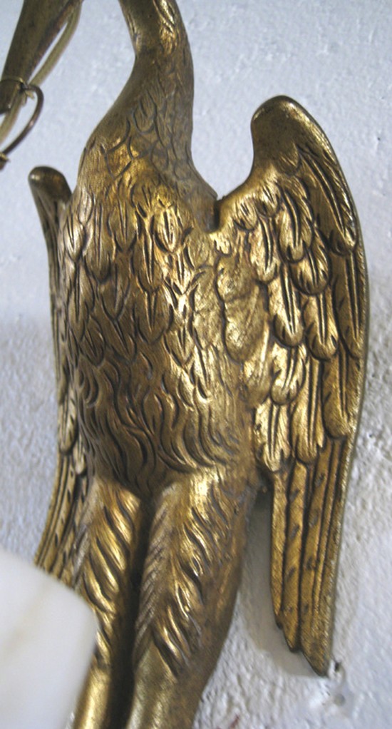 Pair French Art Deco Bronze Dore and Alabaster Stork Wall Sconces