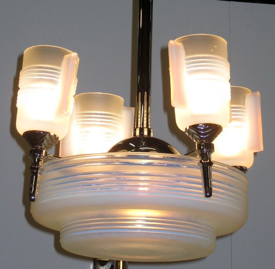 French Art Deco Opalescent Glass Modernist Industrial Chandelier