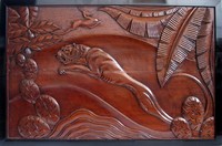 French Art Deco Jungle Cat and Gazelle Carved Wood Placque