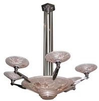 Muller Freres French Art Deco Peach Glass with Roses Six Arm Chandelier