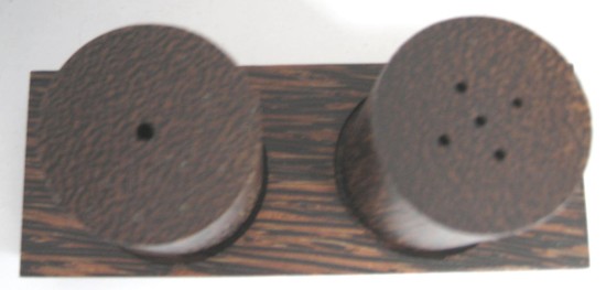 Pair of French Art Deco Palmwood Salt and Pepper Shakers with Tray