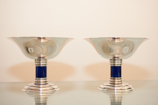 Pair French Art Deco Puiforcat Silverplate and Lapis Lazuli Tazzas