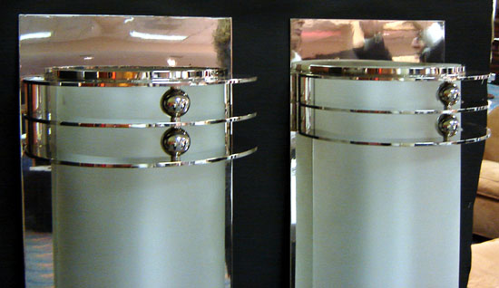 Pair Large American Art Deco Aluminum and Satin Glass Theatre Sconces