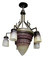 Charles Scheider French Art Deco Pate d’Verre & Bronze Chandelier