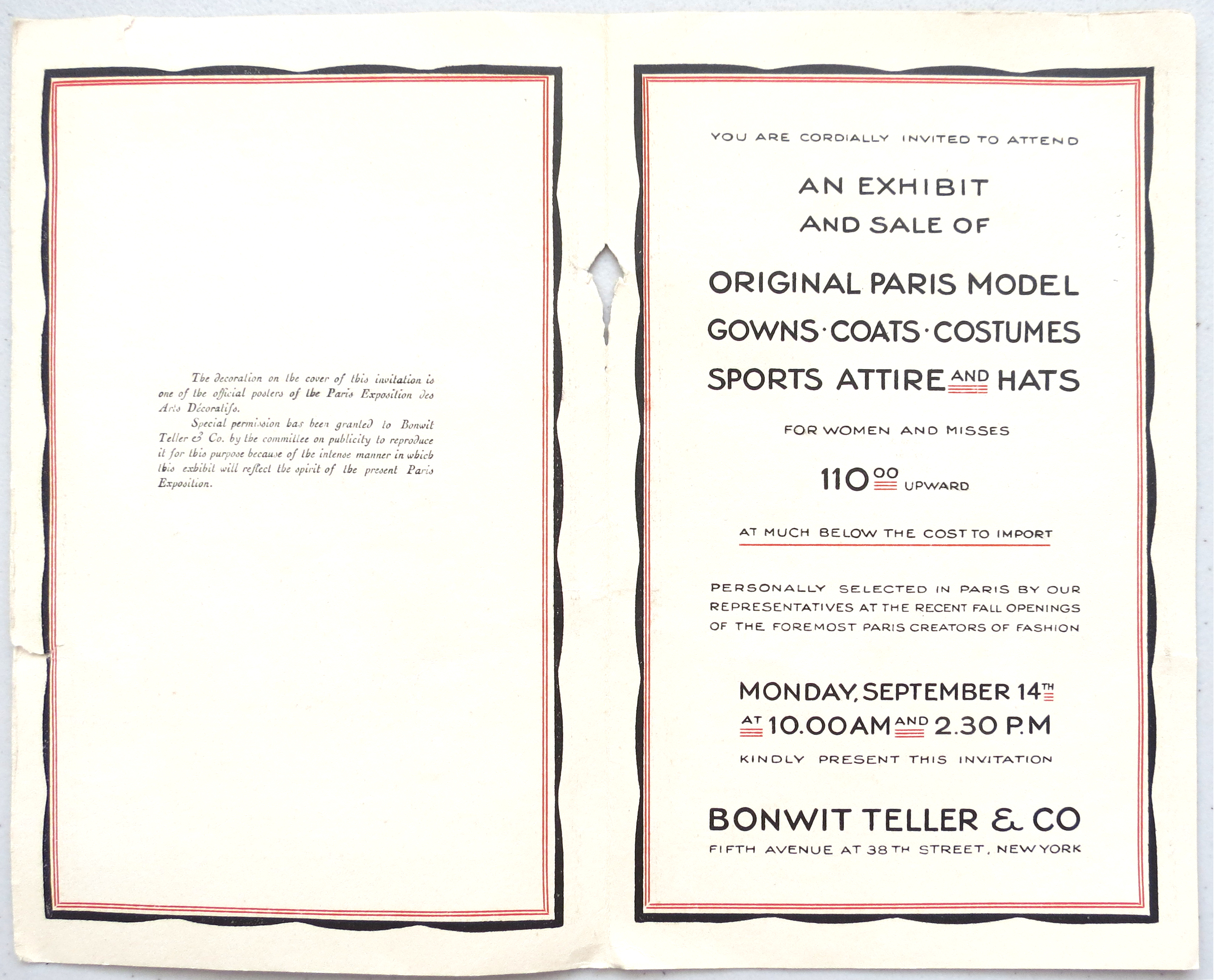 Opened Invitation of 1925 Paris Exposition